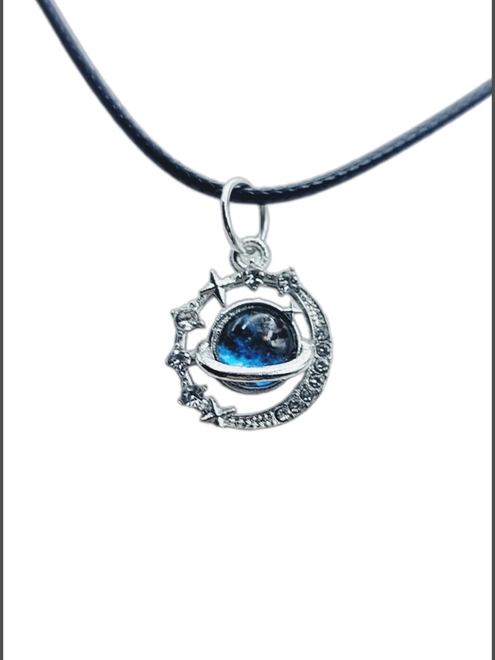 Silver Planet Pendant w/ Blue Glass Orb & Cord Necklace NWOT